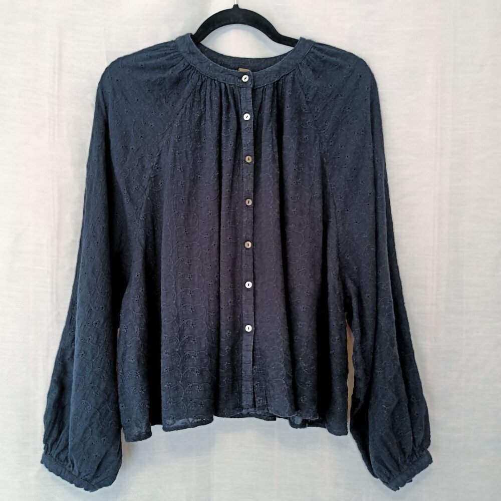 100% Cotton Free People Black Boho Embroidered Blouse - Balloon Sleeves